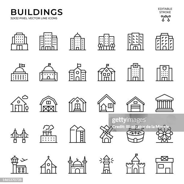 ilustraciones, imágenes clip art, dibujos animados e iconos de stock de conjunto de iconos vectoriales de trazo editable de edificios - buildings