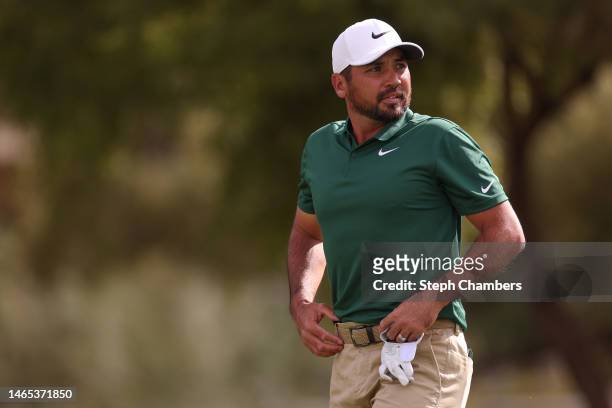 Jason Day of Australia looks on from the fifth tee during the final round of the WM Phoenix Open at TPC Scottsdale on February 12, 2023 in...