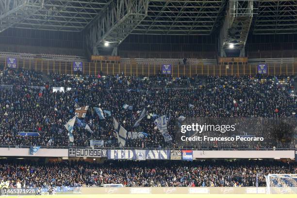 Napoli supporters during the Serie A match between SSC Napoli and US Cremonese at Stadio Diego Armando Maradona on February 12, 2023 in Naples, Italy.