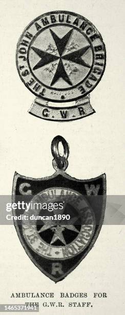 ambulance, first aid, badges for great western railway staff, 1890s, 19th century - great western railway stock illustrations