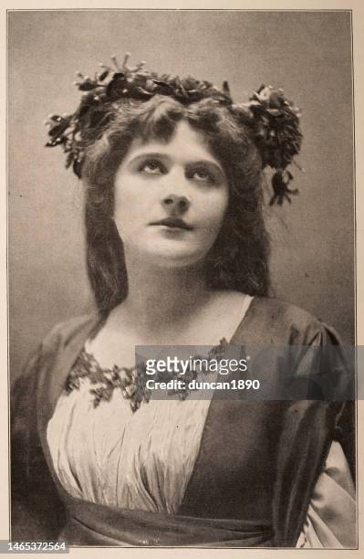 julie opp an american stage actress, as hymen in as you like it, victorian theatre, 1890s, 19th century - shakespeare actress stock illustrations