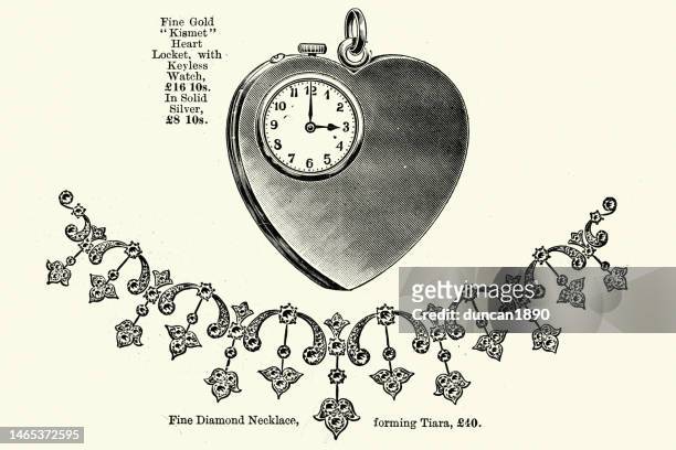 spätviktorianischer schmuck, kismet heart medaillonuhr, diamantkette, 1890er, 19. jahrhundert - heart locket stock-grafiken, -clipart, -cartoons und -symbole