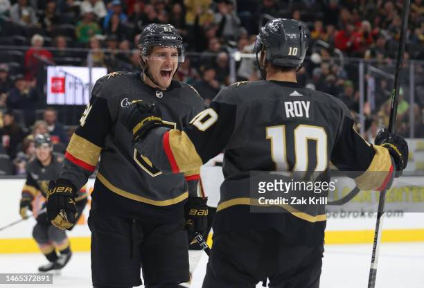 Brett Howden of the Vegas Golden Knights celebrates after scoring a goal during the second period against the Anaheim Ducks at T-Mobile Arena on...