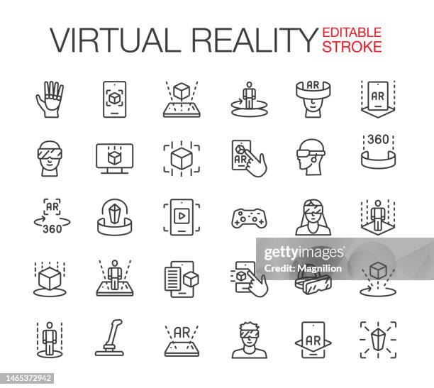 stockillustraties, clipart, cartoons en iconen met 3d and virtual reality vr line icons set editable stroke - toegevoegde realiteit