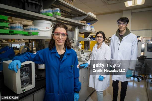 New York Institute of Technology Assistant Professor of Chemistry Jole Fiorito, Ph.D., left, with assistants Annette Pietraru and Syed Hussain,on...