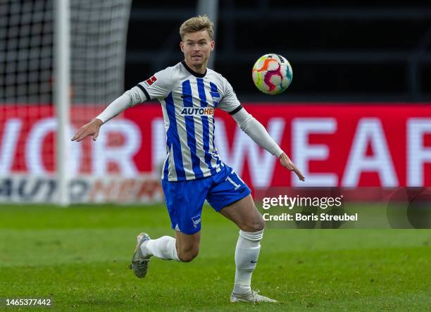 Maximilian Mittelstaedt of Hertha BSC ctduring the Bundesliga match between Hertha BSC and Borussia Mönchengladbach at Olympiastadion on February 12,...