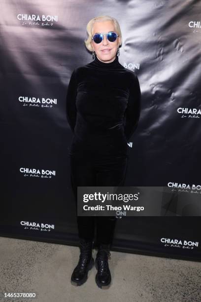 Designer Chiara Boni poses backstage during the Chiara Boni show during New York Fashion Week: The Shows at Gallery at Spring Studios on February 12,...