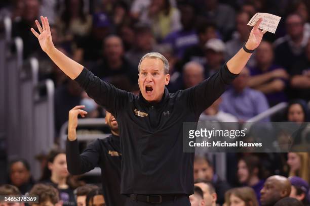 Head coach Chris Collins of the Northwestern Wildcats reacts against the Purdue Boilermakers during the second half at Welsh-Ryan Arena on February...