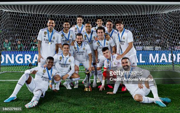 Players of Real Madrid celebrate with the trophy after winning the FIFA Club World Cup Morocco 2022 Final match between TBC v TBC at Prince Moulay...