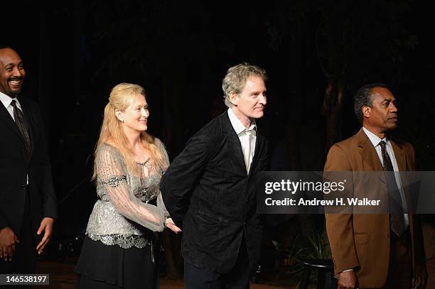 Cast members Jesse L. Martin, Meryl Streep, Kevin Kline and Joe Morton pose for a curtain call after performance at the Public Theater 50th...