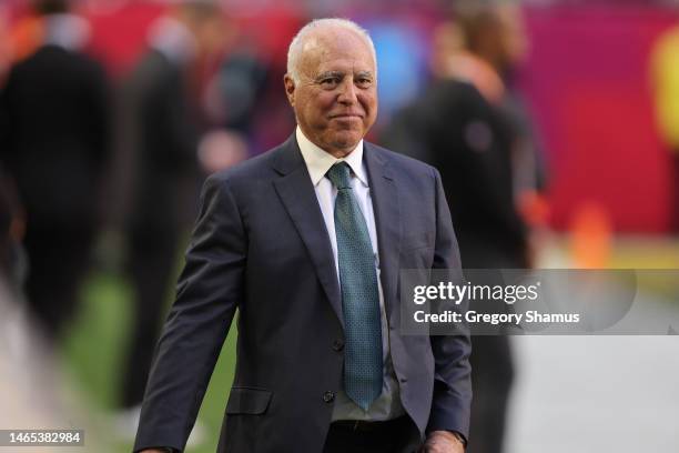 Philadelphia Eagles owner Jeffrey Lurie looks on before Super Bowl LVII between the Kansas City Chiefs and the Philadelphia Eagles at State Farm...