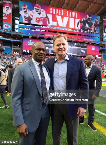 Executive director DeMaurice Smith and NFL Commissioner Roger Goodell pose for a picture before Super Bowl LVII between the Kansas City Chiefs and...