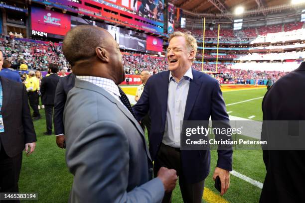 Executive director DeMaurice Smith greets NFL Commissioner Roger Goodell pose for a picture before Super Bowl LVII between the Kansas City Chiefs and...