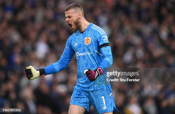 Manchester United goalkeeper David de Gea celebrates the second goal during the Premier League match between Leeds United and Manchester United at...