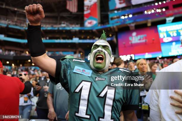 Philadelphia Eagles fans cheer before Super Bowl LVII between the Kansas City Chiefs and the Philadelphia Eagles at State Farm Stadium on February...