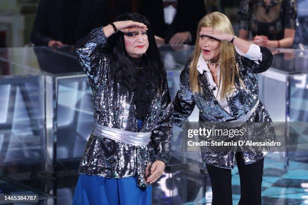 Maurizio Ferrini aka Signora Coriandoli and Simona Ventura attend Che Tempo Che Fa TV Show on February 12, 2023 in Milan, Italy.