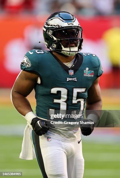 Boston Scott of the Philadelphia Eagles warms up prior to Super Bowl LVII against the Kansas City Chiefs at State Farm Stadium on February 12, 2023...