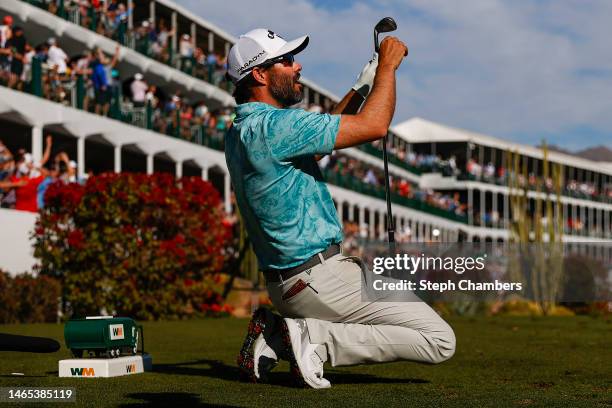 Adam Hadwin of Canada reacts to his tee shot on the 16th hole during the final round of the WM Phoenix Open at TPC Scottsdale on February 12, 2023 in...