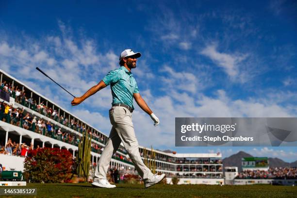 Adam Hadwin of Canada reacts to his tee shot on the 16th hole during the final round of the WM Phoenix Open at TPC Scottsdale on February 12, 2023 in...