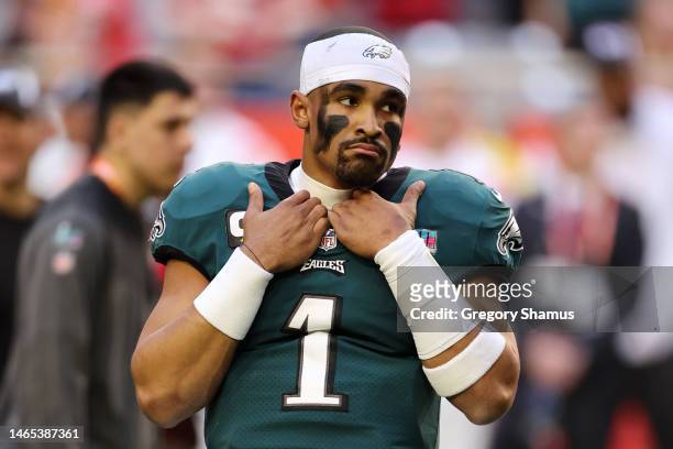 Jalen Hurts of the Philadelphia Eagles warms up before playing against the Kansas City Chiefs in Super Bowl LVII at State Farm Stadium on February...