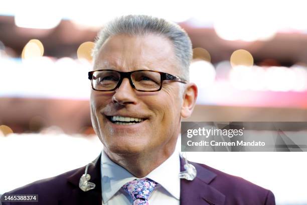 Fox Sports announcer Howie Long looks on before Super Bowl LVII between the Kansas City Chiefs and the Philadelphia Eagles at State Farm Stadium on...