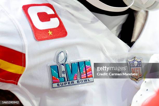 The Super Bowl LVII logo is seen on a jersey before Super Bowl LVII between the Kansas City Chiefs and the Philadelphia Eagles at State Farm Stadium...
