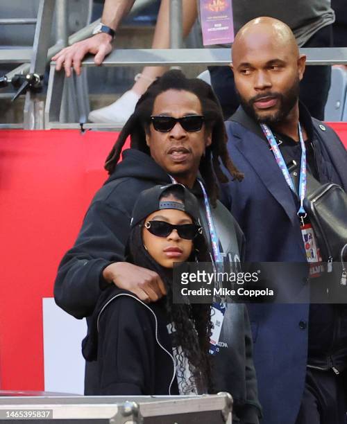 Jay-Z and Blue Ivy Carter attend the Super Bowl LVII Pregame at State Farm Stadium on February 12, 2023 in Glendale, Arizona.