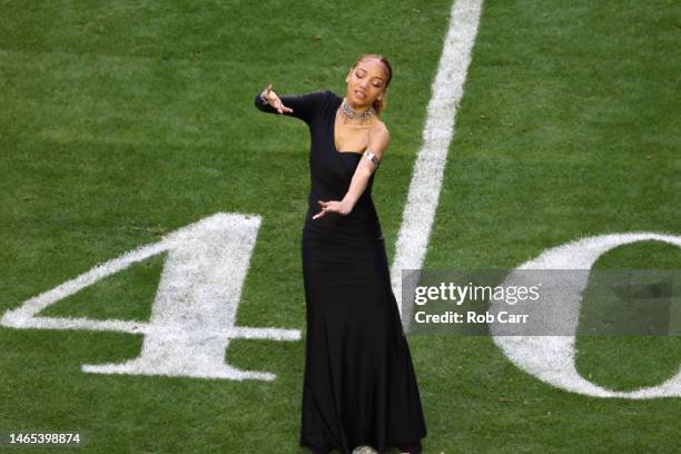 Justina Miles performs "Lift Every Voice and Sing" in American Sign Language prior to Super Bowl LVII between the Kansas City Chiefs and Philadelphia...