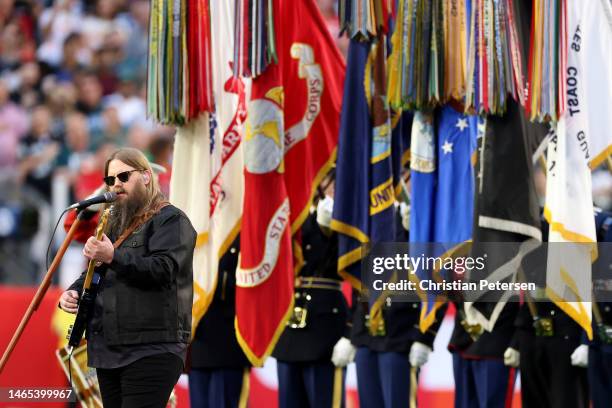 Chris Stapleton performs the national anthem before Super Bowl LVII between the Kansas City Chiefs and the Philadelphia Eagles at State Farm Stadium...