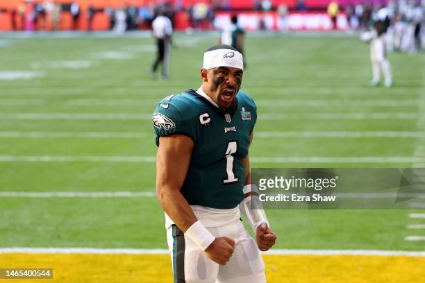 Jalen Hurts of the Philadelphia Eagles reacts before playing against the Kansas City Chiefs in Super Bowl LVII at State Farm Stadium on February 12,...