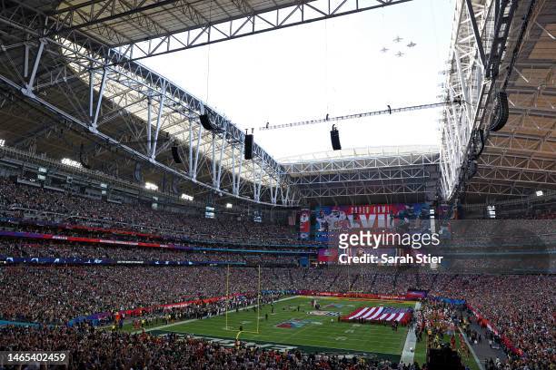 General view during pre-game ceremonies for Super Bowl LVII between the Kansas City Chiefs and the Philadelphia Eagles at State Farm Stadium on...