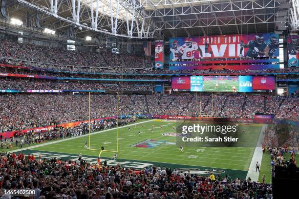 General view of kickoff during the first quarter of Super Bowl LVII between the Kansas City Chiefs and Philadelphia Eagles at State Farm Stadium on...