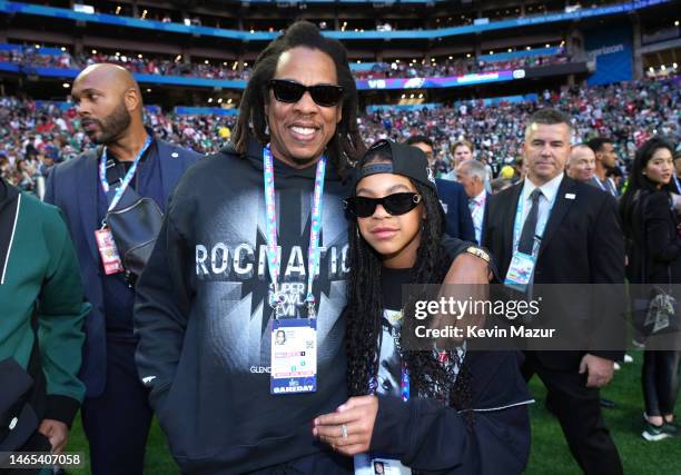 Jay-Z and Blue Ivy Carter attend Super Bowl LVII at State Farm Stadium on February 12, 2023 in Glendale, Arizona.