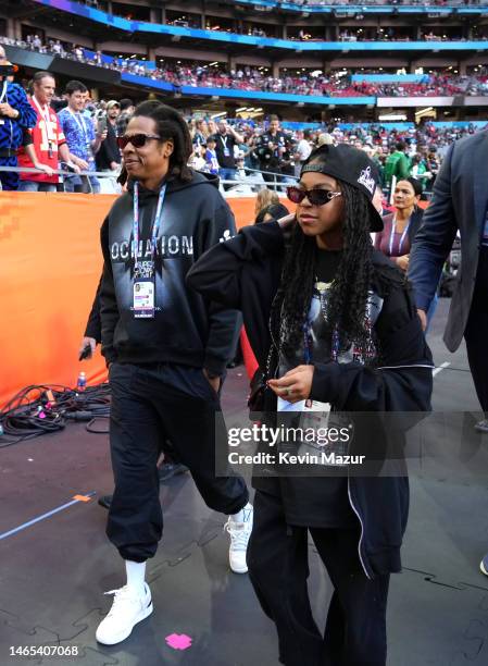 Jay-Z and Blue Ivy Carter attend Super Bowl LVII at State Farm Stadium on February 12, 2023 in Glendale, Arizona.