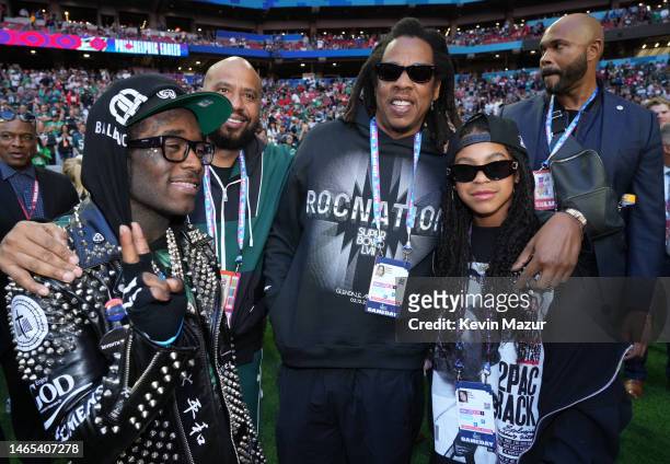 Lil Uzi Vert, Jay-Z and Blue Ivy Carter attend Super Bowl LVII at State Farm Stadium on February 12, 2023 in Glendale, Arizona.
