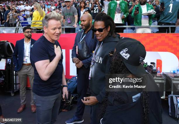 Gordon Ramsay, Jay-Z and Blue Ivy Carter attend Super Bowl LVII at State Farm Stadium on February 12, 2023 in Glendale, Arizona.