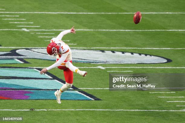 Harrison Butker of the Kansas City Chiefs kicks off the ball against the Philadelphia Eagles during the first quarter in Super Bowl LVII at State...