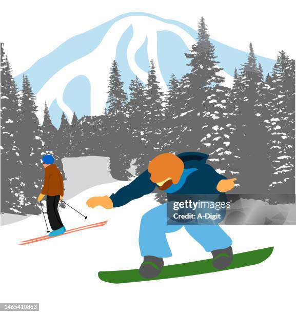 bildbanksillustrationer, clip art samt tecknat material och ikoner med shedder and cruiser mountain background blue - snowboard