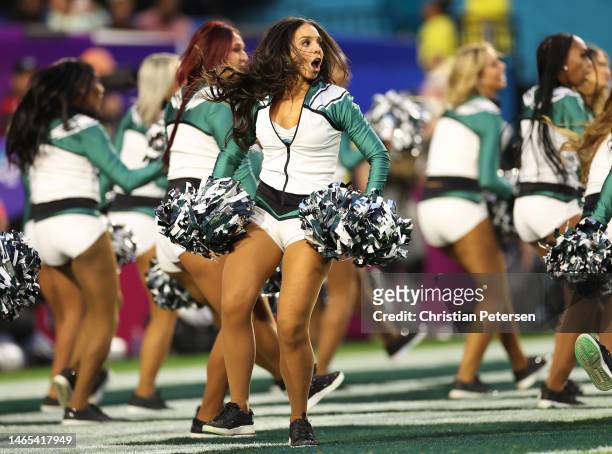 Philadelphia Eagles cheerleaders perform during Super Bowl LVII against the Kansas City Chiefs at State Farm Stadium on February 12, 2023 in...