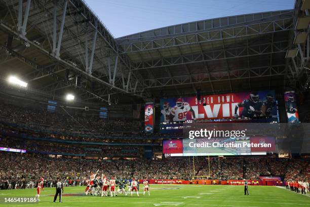 Jake Elliott of the Philadelphia Eagles kicks a field goal against the Kansas City Chiefs during the second quarter in Super Bowl LVII at State Farm...