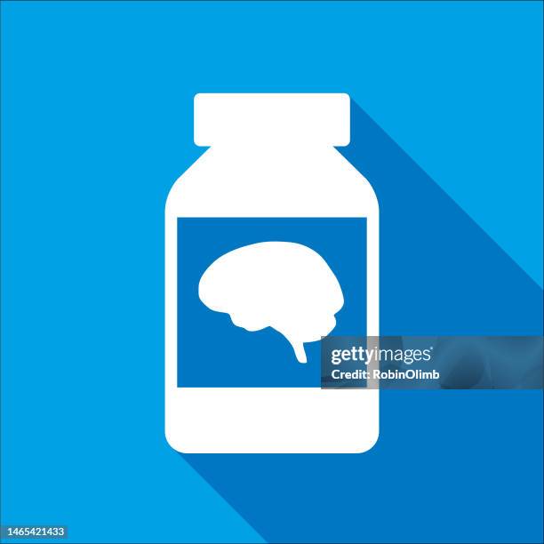 blue brain pill bottle icon - alzheimers brain stock illustrations