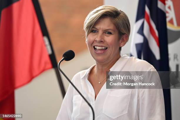 North Melbourne CEO Jennifer Watt speaks during the North Melbourne Kangaroos AFL Community Camp at Ulumbarra Theatre on on February 13, 2023 in...