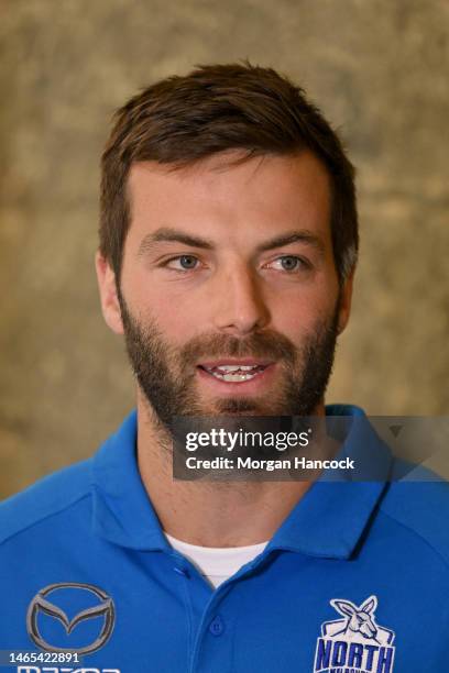 Luke McDonald of the Kangaroos speaks to media during the North Melbourne Kangaroos AFL Community Camp at Ulumbarra Theatre on on February 13, 2023...