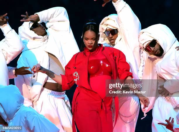 Rihanna performs during Apple Music Super Bowl LVII Halftime Show at State Farm Stadium on February 12, 2023 in Glendale, Arizona.