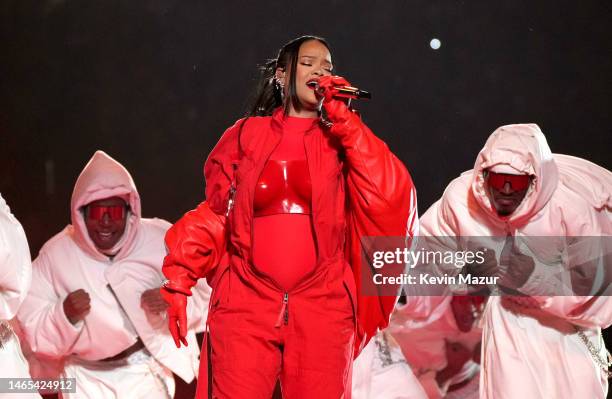 Rihanna performs during Apple Music Super Bowl LVII Halftime Show at State Farm Stadium on February 12, 2023 in Glendale, Arizona.