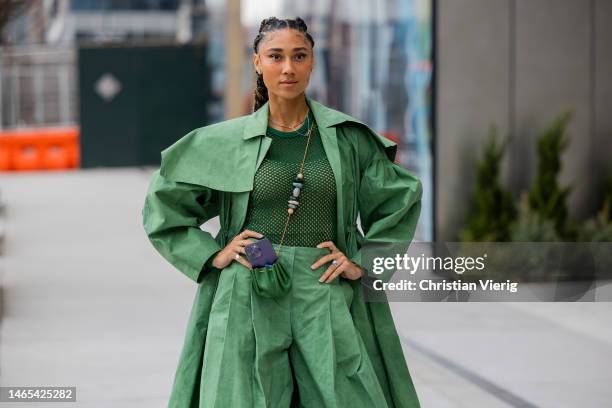 Ally Love wears green wide leg pants, net top, mini bag, strong shoulder line coat outside Ulla Johnson during New York Fashion Week on February 12,...