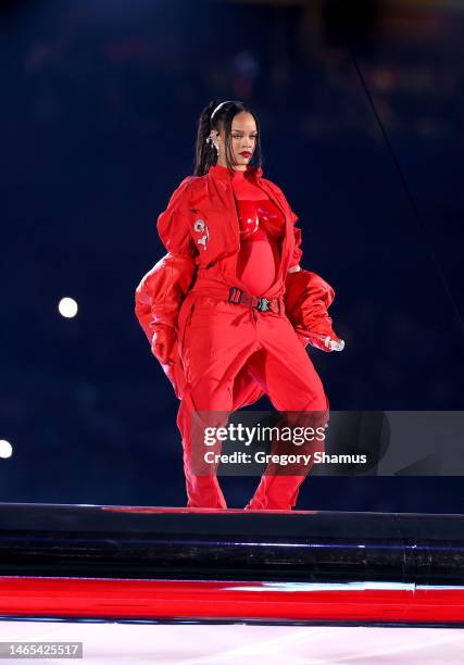 Rihanna performs onstage during the Apple Music Super Bowl LVII Halftime Show at State Farm Stadium on February 12, 2023 in Glendale, Arizona.