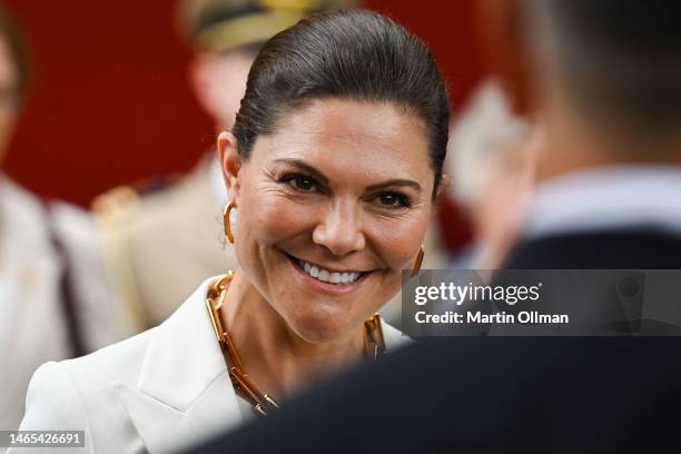 Her Royal Highness Crown Princess Victoria attends an indigenous smoking ceremony at the National Museum of Australia on February 13, 2023 in...