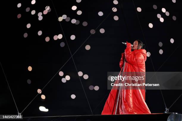 Rihanna performs onstage during the Apple Music Super Bowl LVII Halftime Show at State Farm Stadium on February 12, 2023 in Glendale, Arizona.