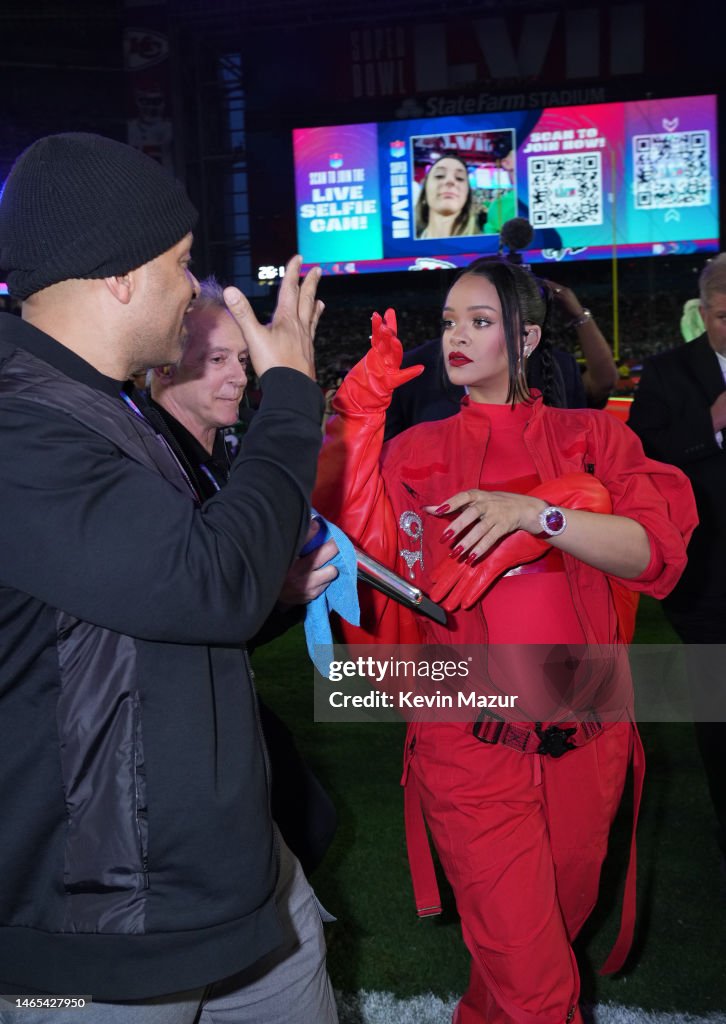 Rihanna on the field during Apple Music Super Bowl LVII Halftime Show